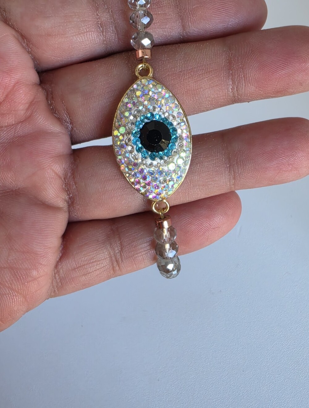 Handmade Evil Eye Stretch Bracelet Gray Crystal Beaded  Protection Charm - Picture 3 of 5